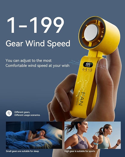Handheld Portable Turbo Fan with Ice Cooler, Speed (1-199) 5500mAh Rechargeable Personal Fan,[20H Cooling Time] [20000 RPM] Small Pocket Fans for Travel/Outdoor/Office, Yellow