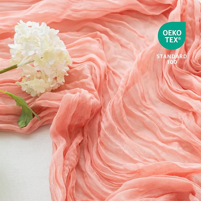 Sioloc Peach Coral Cheesecloth Table Runner 120'' x 35'',Spring Easter Decor Soft Gauze Boho Wedding Table Decor for 10ft Table Birthday Party,Baby Shower, Bridal Shower, Home & Event Decor