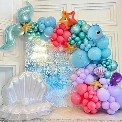 Mermaid Balloon Garland Kit, 125pcs Under The Sea Balloons Mermaid Tail Arch Party Supplies with Seahorse Octopus Ocean Animals Balloons for Birthday Party Baby Shower Decorations