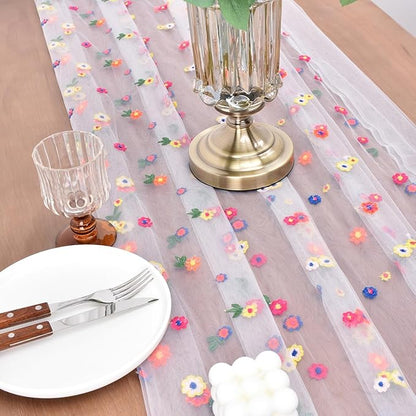 Joanlody 6pcs Ivory Embroidery Daisy Spring Summer Table Runner Florals Seasonal Easter Tulle Table Runner Holiday Kitchen Dining Table Decoration Wedding Party