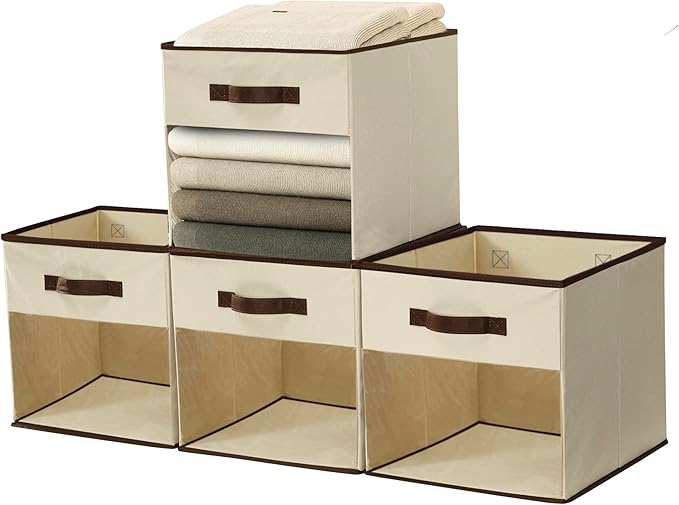 DECOMOMO Kallax Storage Cubes, 13x15x13 Storage Cube Bins with Window, Baskets for Organizing Shelves (Kallax / 4pcs, Beige)