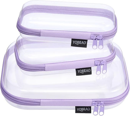 YQBRAO 3-Pack Clear Hard Shell Zipper Case - Purple Edition, 1.2mm Heavy-Duty Crush-Proof Travel Makeup Bag, TSA Approved Clear Zipper Pouches, Rigid Diaper Bag Organizer for Tech & Daily Essentials
