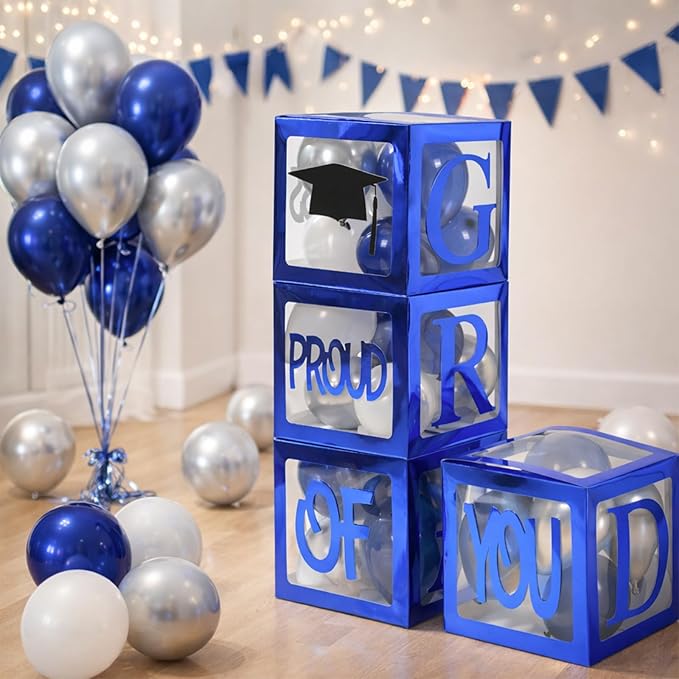 Graduation Decorations 2026, Navy Blue Graduation Decorations Transparent Balloon Boxes with Letters of GRAD, PROUD OF YOU,Class of 2026, Blue Silver Balloons Arch for High School College Grad Party