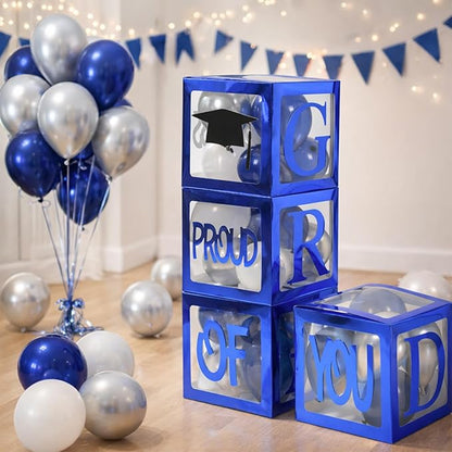 Graduation Decorations 2026, Navy Blue Graduation Decorations Transparent Balloon Boxes with Letters of GRAD, PROUD OF YOU,Class of 2026, Blue Silver Balloons Arch for High School College Grad Party