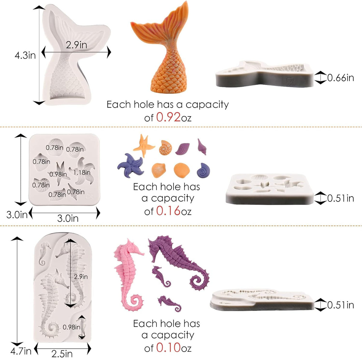 Sakolla Mermaid Theme Cake Fondant Mold - Seahorse Seashell Starfish Mermaid Tail Silicone Mold for Cake Decoration, Chocolate, Candy, Polymer Clay