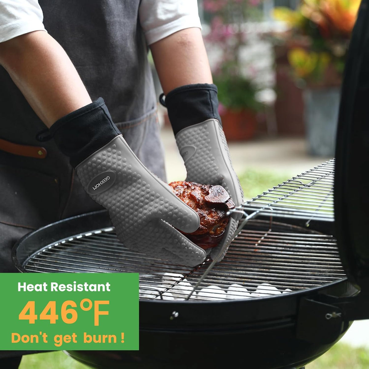 GEEKHOM BBQ Gloves Heat Resistant Oven Mitts - Silicone Grilling Gloves with 13.7" Arm Protection - Waterproof Pot Holder Non-Slip for Men & Women, Kitchen Outdoor Cooking, Baking, Camping, Light Gray