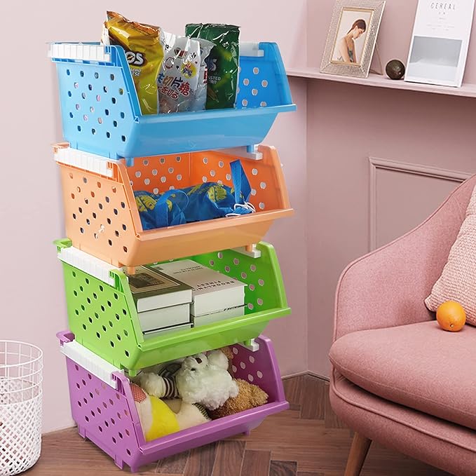 Asking 4-Pack Colorful Plastic Stackable Kitchen Storage Basket, Stacking Organizer Bin