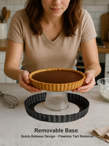 9 Inch Quiche Tart Pans with Pie Cake Server. Removable Bottom, Non-Stick Coating, Rugged Carbon Steel for Tart Quiche Baking