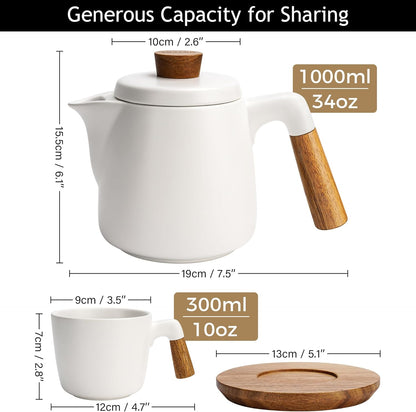 MIAMIO – 34 Oz Ceramic Tea Pot Set with Infuser and Cups/Tea Strainer, 4 Ceramic Tea Mugs (10 Oz), Bamboo Saucers/Handle for Home and Office (White)
