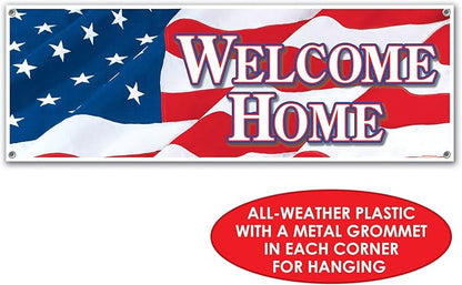 Beistle Welcome Home Sign Banners, 21” x 5’, 2 Pack – Service Personnel Homecoming Decorations, Welcoming Party Supplies for Indoors & Outdoors, American Flag Themed Décor with Stars & Stripes