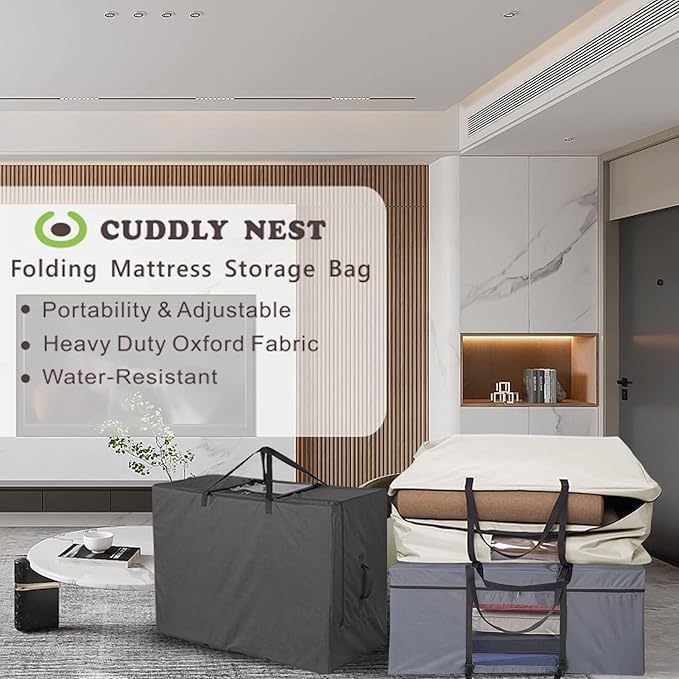 Cuddly Nest Folding Mattress Storage Bag - Heavy Duty Carry Case for Tri-Fold Guest Bed (Fits 6" Full Mattress,Black)