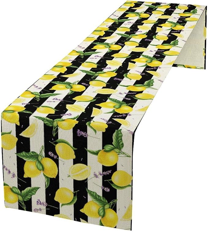 Farmhouse Lemon Fruit Table Runner Nature Aesthetic Black White Stripe Flowers Plant Dining Table Decoration for Home Holiday Party Dresser Kitchen Cabin Restaurant Wedding Decor 13×120in