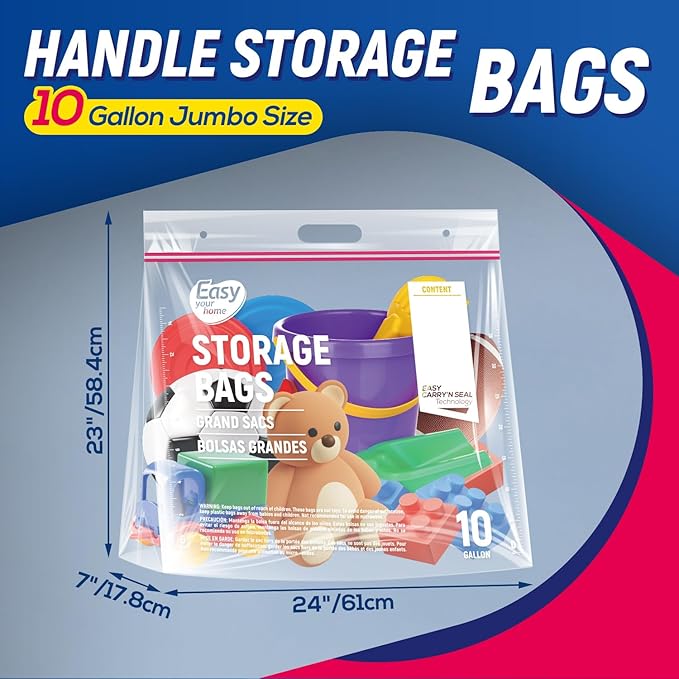 10 Gallon Jumbo Zipper Lock Plastic Bags with Handle and bottom,24"x23"+7",XL Size Reusable Storage Bag with Double Zip for Clothing,Travel,Moving,Beach,BPA-Free,3.15-Mil Thick