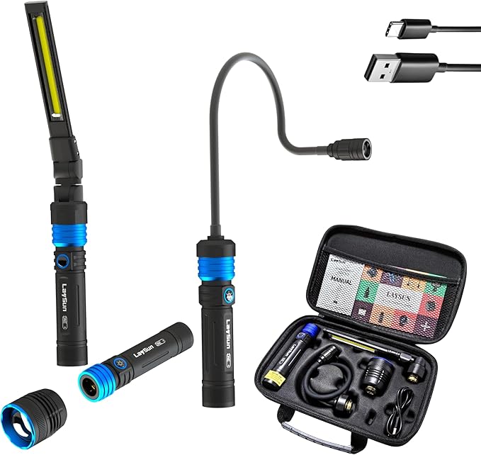 Rechargeable Work Light - Flashlight - Gooseneck Light 3 in 1 Kit - 4000mAh Magnetic with 360° Rotate Foldable Design, Zoom Flashlight,5 Lighting Modes Mechanic Light for Car Repairing/Emergency