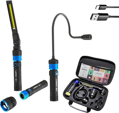 Rechargeable Work Light - Flashlight - Gooseneck Light 3 in 1 Kit - 4000mAh Magnetic with 360° Rotate Foldable Design, Zoom Flashlight,5 Lighting Modes Mechanic Light for Car Repairing/Emergency