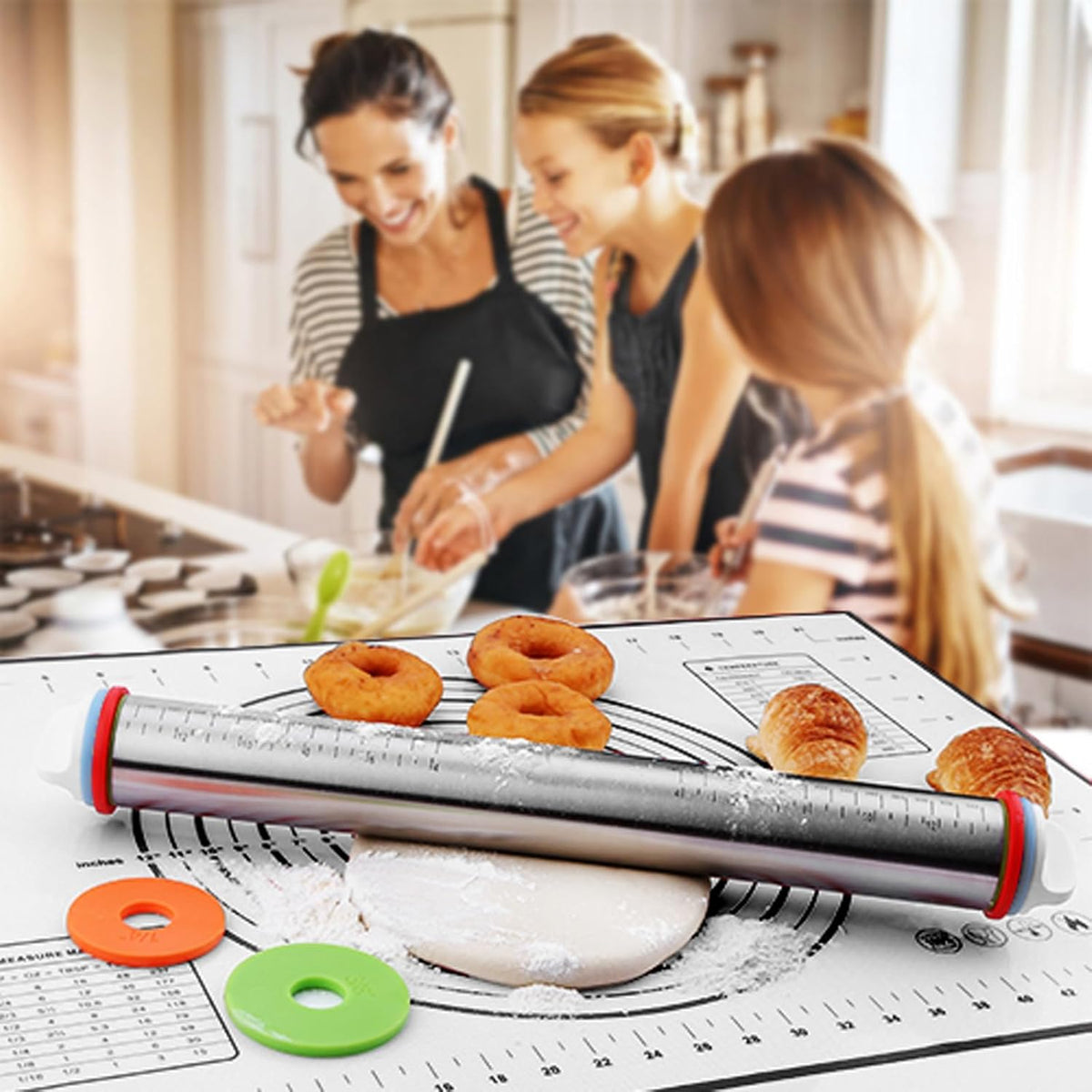 Rolling Pins, Stainless Steel Dough Roller, Rolling Pin and Silicone Baking Pastry Mat Set