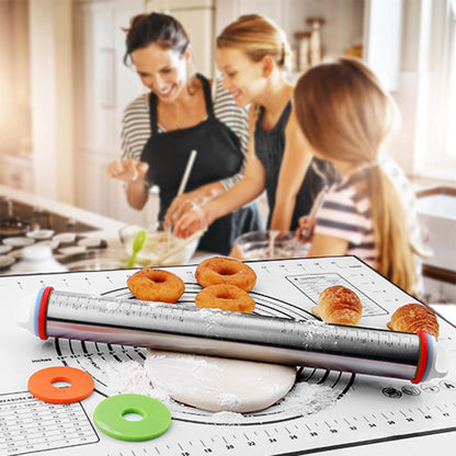 Rolling Pins, Stainless Steel Dough Roller, Rolling Pin and Silicone Baking Pastry Mat Set