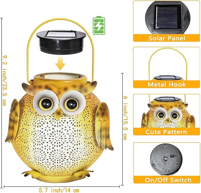 Hanging Solar Lanterns - Garden Light Waterproof Metal Decorative Solar Lantern Lights Outdoor for Patio Yard Table Pathway (1 Pack Yellow owl Lantern)