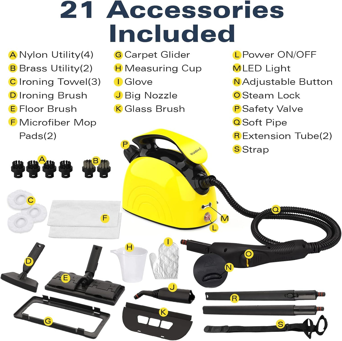Steam Cleaner, Multipurpose Powerful Steamer with 21 Accessories, 248°F High-Temperature Steam for Floors, Grout, Tiles, Carpet, Cars - Portable 1.08L Tank, Child Lock, Chemical-Free Cleaning (Yellow)