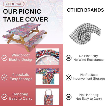 Picnic Table Cover with Bench Covers Fitted Wrinkle Free Camping Table Cloths Hiking Glamping Supplies Travel Trailers Cooking Essential Holiday Festival Decor Gifts for Adult Who Want Nothing