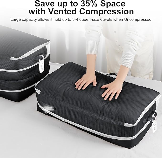 Comforter Storage Bag - Large Capacity Bedding Storage Bags Ultra Space Saving Self Compression Organizer, Washable Compression Bags for Storage Comforter Blanket Duvet Pillow, 4-Pack, Black