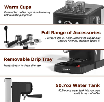 2in1 20 Bar Espresso Machine with Milk Frother, Coffee Latte Cappuccino Maker for Home, Coffee Machine Suitable for Coffee Powder/Capsules