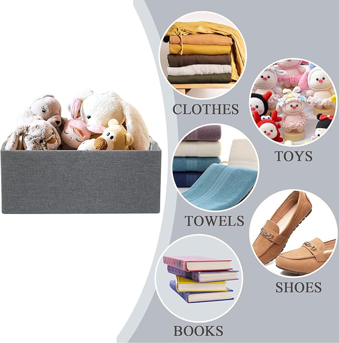 Foldable Fabric Storage Cubes, 2 Packs Cloth Storage Baskets with Wooden Handles, Collapsible Shelf Closet Organizer Bins, Rectangular Storage Boxes for Decor (Gray 2 Pack)