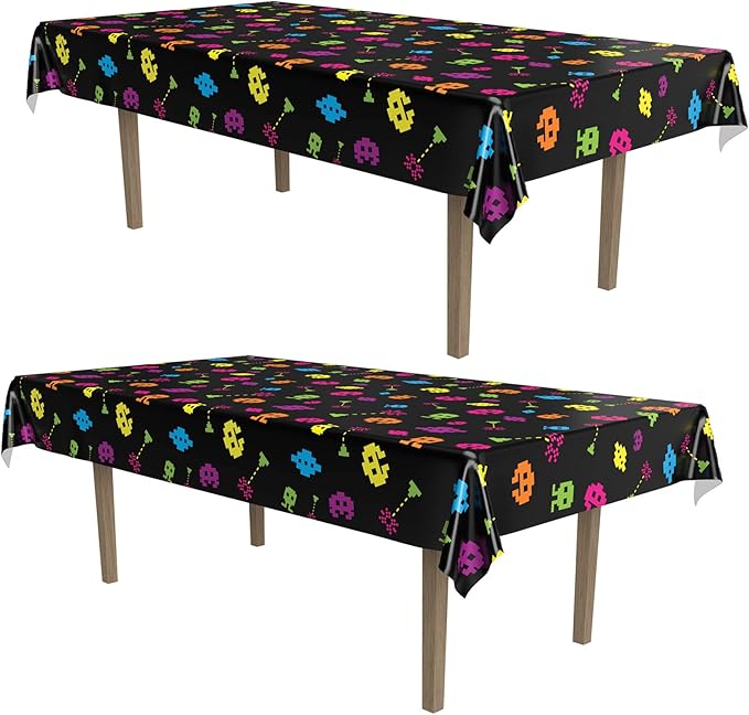 Beistle 80’s Tablecovers, 54” x 108”, 2 Pieces – Plastic Rectangular Tablecloth, Table Covers for Party, Party Decorations, Birthday Video Game Supplies, Multi Color