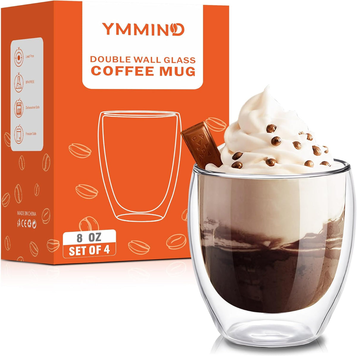 Set of 4 Double Walled Glass Coffee Mugs 8 Ounces Insulated Layer Coffee Cups Borosilicate Glass Espresso Cup for Hot Beverage,Cappuccino,Tea,Latte