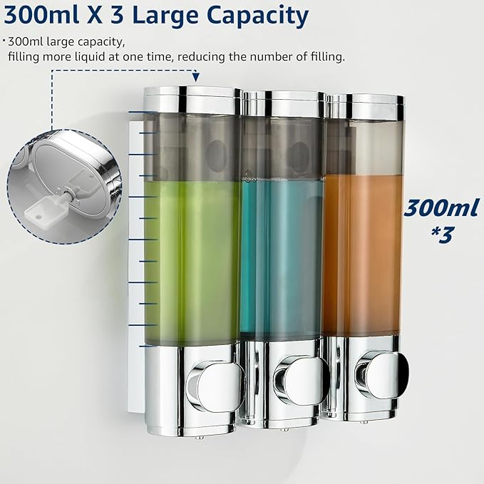 Pollock Shower Shampoo and Conditioner Dispenser, 3 Chamber No Drill Body Wash Dispenser for Bathroom, Large