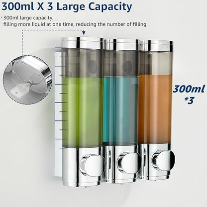 Pollock Shower Shampoo and Conditioner Dispenser, 3 Chamber No Drill Body Wash Dispenser for Bathroom, Large