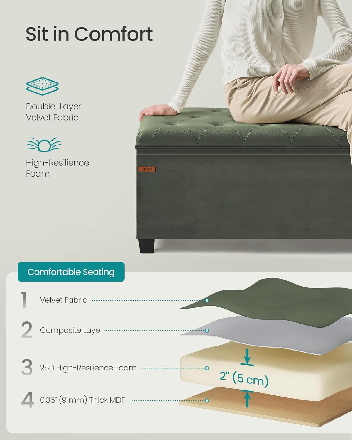 SONGMICS Velvet Storage Ottoman Bench, Foot Rest with Legs, 15.7 x 43 x 15.7 Inches, End of Bed Bench, Storage Chest, Load up to 660 lb, for Living Room, Bedroom, Entryway, Forest Green ULSF089C01