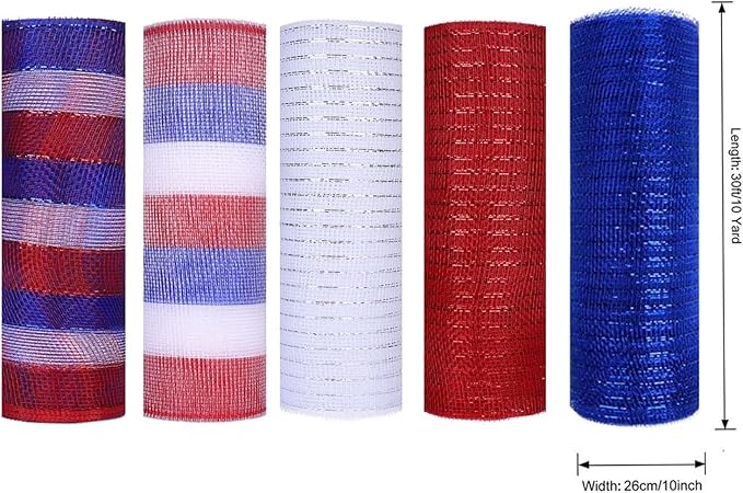 5 Rolls Patriotic Mesh Ribbon for Wreath, 10 Inch x 30FT Per Roll Metallic Foil Deco Mesh Rolls Red White Blue Stripe Decorative Mesh for 4th of July Independence Day Memorial Day Party Decor