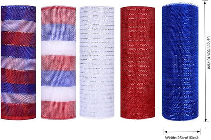 5 Rolls Patriotic Mesh Ribbon for Wreath, 10 Inch x 30FT Per Roll Metallic Foil Deco Mesh Rolls Red White Blue Stripe Decorative Mesh for 4th of July Independence Day Memorial Day Party Decor