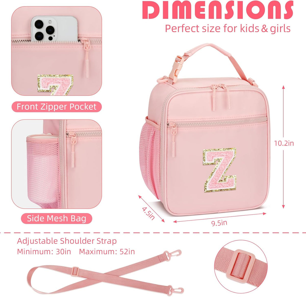Initial Insulated Lunch Bag for Girls Kids, Back to School Gift, Reusable Leak-proof Lunch Box with Adjustable Strap for School Daycare Travel Picnic (Pink,Z)