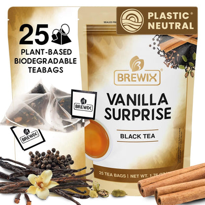 Brewix, Vanilla Spiced Chai Tea (25 Pyramid Tea Bags), High Caffeine, Gluten Free, Blend Of Vanilla & Masala Chai Tea, Black Tea with Cinnamon