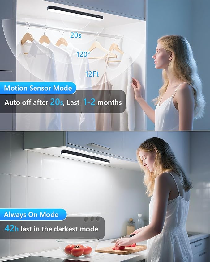 Ferswe Under Cabinet Lights Rechargeable, Battery Level Display, 60 LED Motion Sensor Cabinet Light, Dimmable Touch Control, Under Counter Lights for Kitchen, Closet, Cupboard(2 Pack)