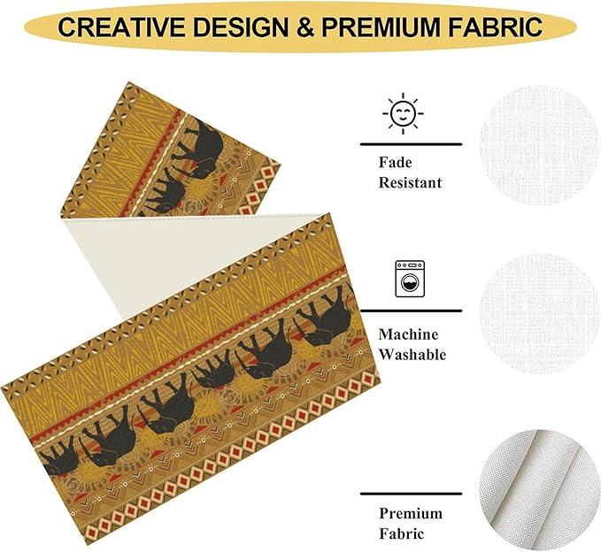 African Tribe Table Runner, Rustic Elephants Tribal Boho Diwali India Traditional Ethnic Folk Yellow Coffee Table Center Decor for Home Kitchen Room Holiday Party Outdoor Table Decorations, 13"x36"