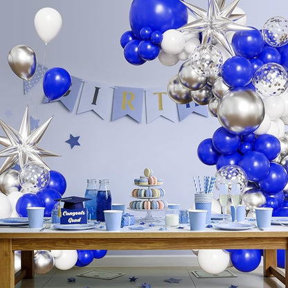 Blue White Silver Balloon Arch Kit, 130Pcs Blue and Silver Graduation Decorations with Foil Star Silver Confetti Balloons for College High School Graduation Decorations Class of 2026