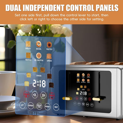 whall 4 Slice Touch Screen Toaster, Stainless Steel Toasters Digital Timer, Dual Control Panel Toasters，6 Shade Settings＆6 Bread Types, Smart Wide Slots, Bagel, Cancel, Defrost,Flat lever White