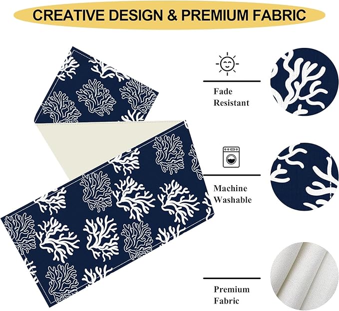Coastal Table Runner, Summer Seasonal Beach Navy Blue Coral Nautical Tropical Ocean Marine Farmhouse Rustic Table Center Decor for Home Kitchen Dining Patio Indoor Outdoor Decorations, 13"x36" Inch