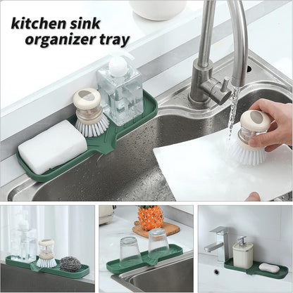 Silicone Bathroom Soap Dishes with Drain Spout-Bathroom and Kitchen Sink Organizer,Sponge Holder,Dish Soap Tray,Perfect for Dispenser,Scrubber,Bottle,Cup on Sink or Counter-Green 12"×4"