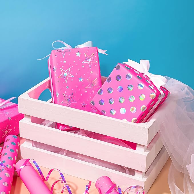 WRAPAHOLIC Pink Girls Wrapping Paper Roll - Mini Roll - 3 Roll - 17 Inch x 120 Inch - Foil Wrapping Paper for Kids Girls Birthday, Baby Shower, Wedding, Bridal Shower