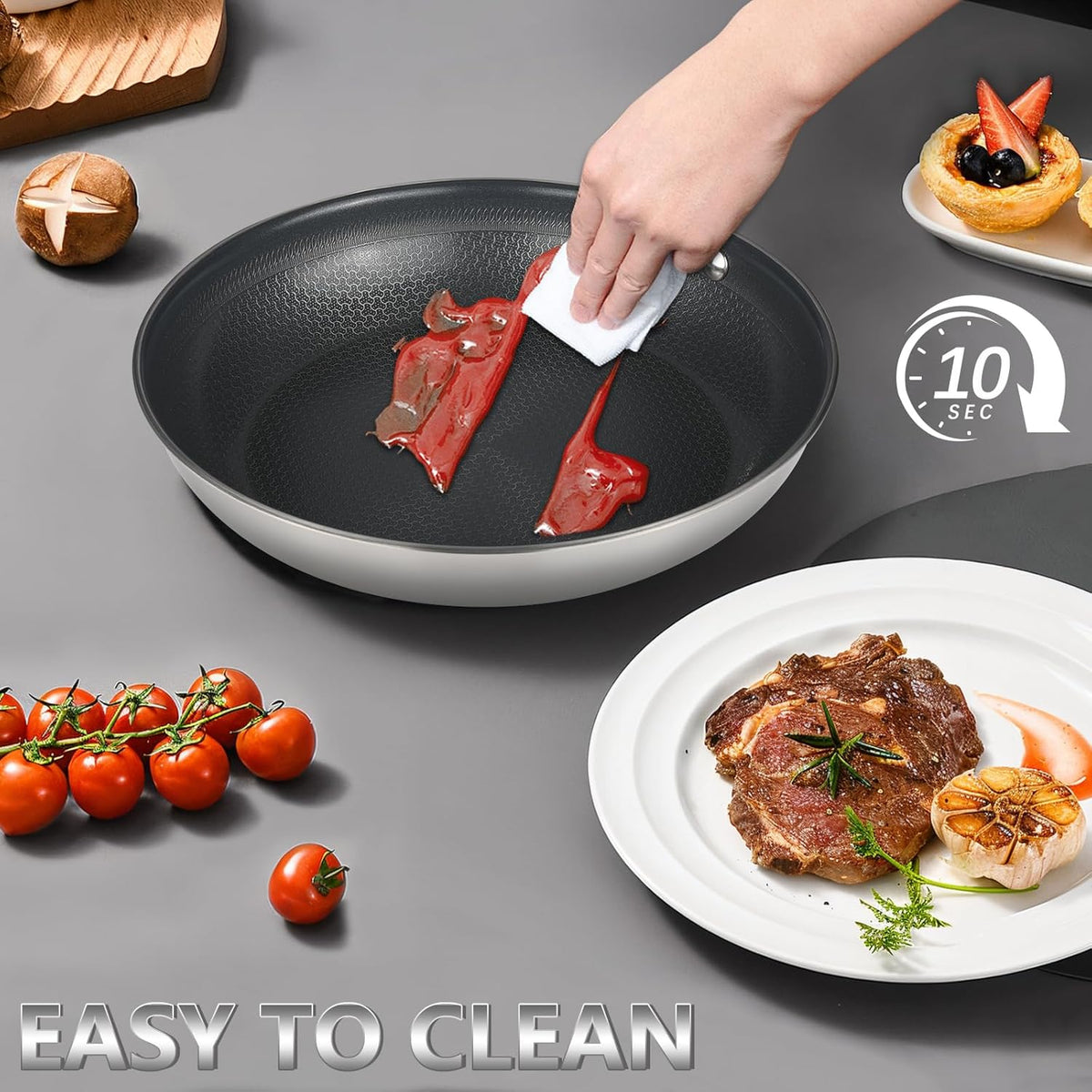 Stainless Steel Nonstick Frying Pan, Hybrid Ceramic 10-Inch Frying Pan, Stay-Cool Handle, PFAS & PFOA PTFE Free, Dishwasher & Oven Safe, Scratch-Resistant, Compatible with Induction & All Cooktops