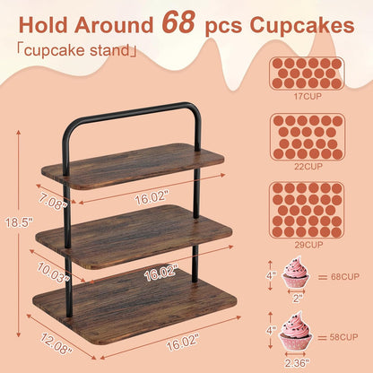 Cupcake Stand, 3-Tier Dessert Stand for 68 Cupcakes, Wood & Metal Tower Display Premium Holder Dessert Tree Tower for Wedding Graduation Birthday