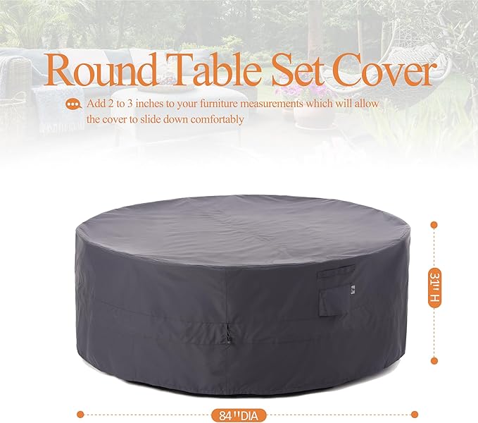 WJ-X3 Ripstop 84 Round Patio Table Cover, Waterproof, UV Resistant, Anti-Fading Outdoor Cover for Round Dining Table and Chairs Set, 84" D x 31" H, Grey