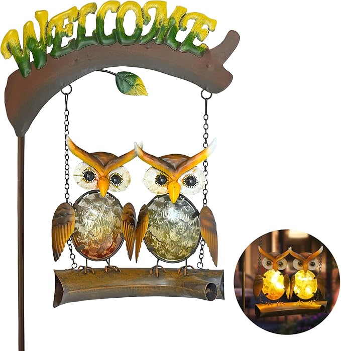 HONGLAND Solar Lights Outdoor Decor, Owl Swing Garden Decor, Owl Gifts for Women Mom, Whimsical Garden Lights Outdoor Decorations with Welcome Sign for Outside Patio Yard Lawn Decor-48inch