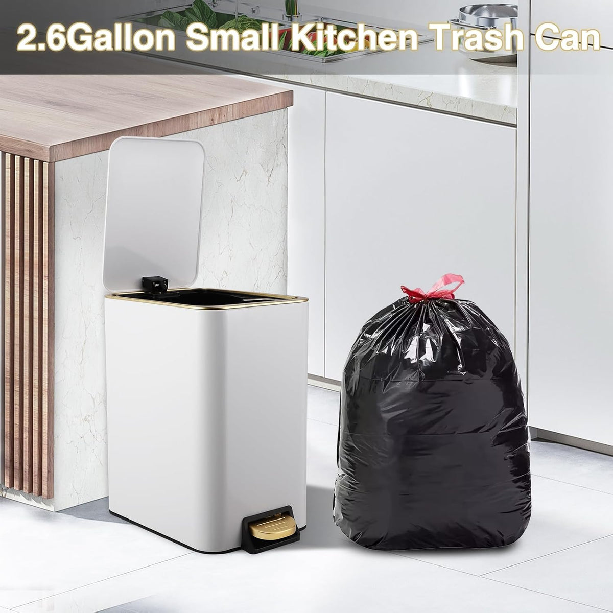 Small Bathroom Trash Can with Lid Soft Close, 1.8 Gallon Stainless Steel Garbage Can with Removable Inner Bucket,75Count Trash Bags, Slim Step Pedal Trash Bins