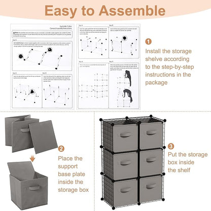 Leinuosen 6 Cube Storage Organizer with Fabric Bins, Wire Grid Stackable Shelves, Modular Storage Units for Bedroom Living Room Office Toys Book Craft(Black,Gray)