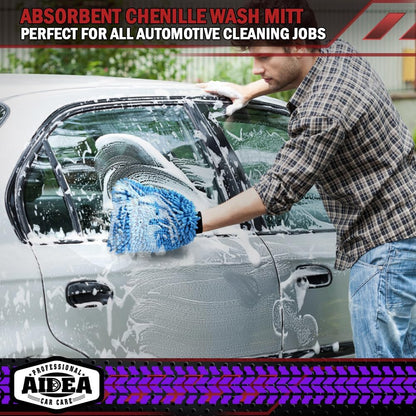 AIDEA Car Wash Mitt Microfiber, 1PK Scratch Free Lint-Free, Premium Chenille Microfiber Sponge Mitt Car Wash Brush, Blue, Regular Size 7.12''X10.14''